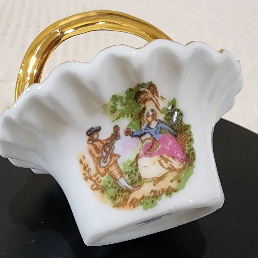 Courting Couple SALT Handled MINI Basket Vintage BRINTON Bone China Gold Accent